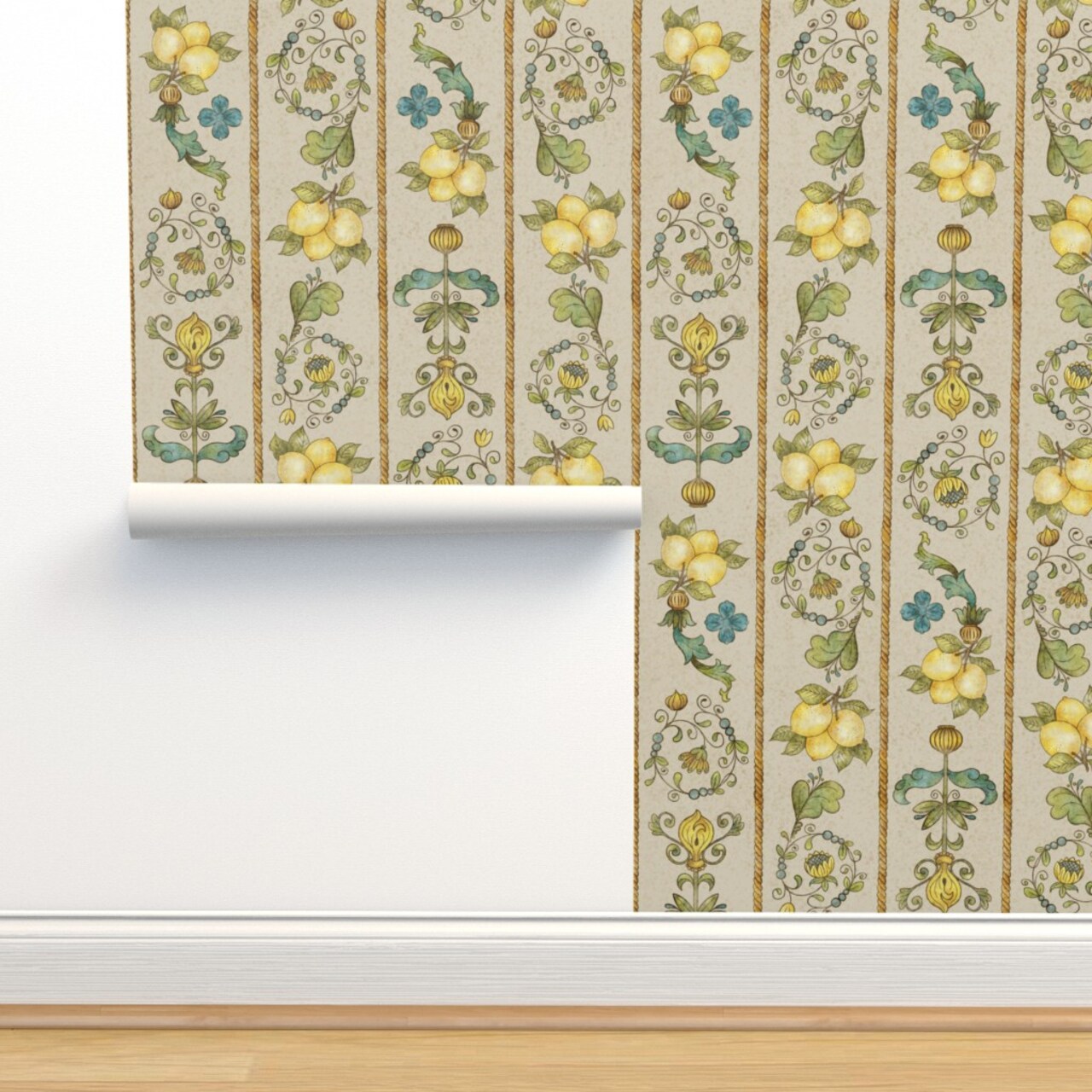 Yellow Teal Floral Gold Large Scale Hand Drawn Lemons Italian Florentine Botanical Fruit Directional Custom Removable Wallpaper by Spoonflower Peel & Stick Wallpaper 2FT Wide